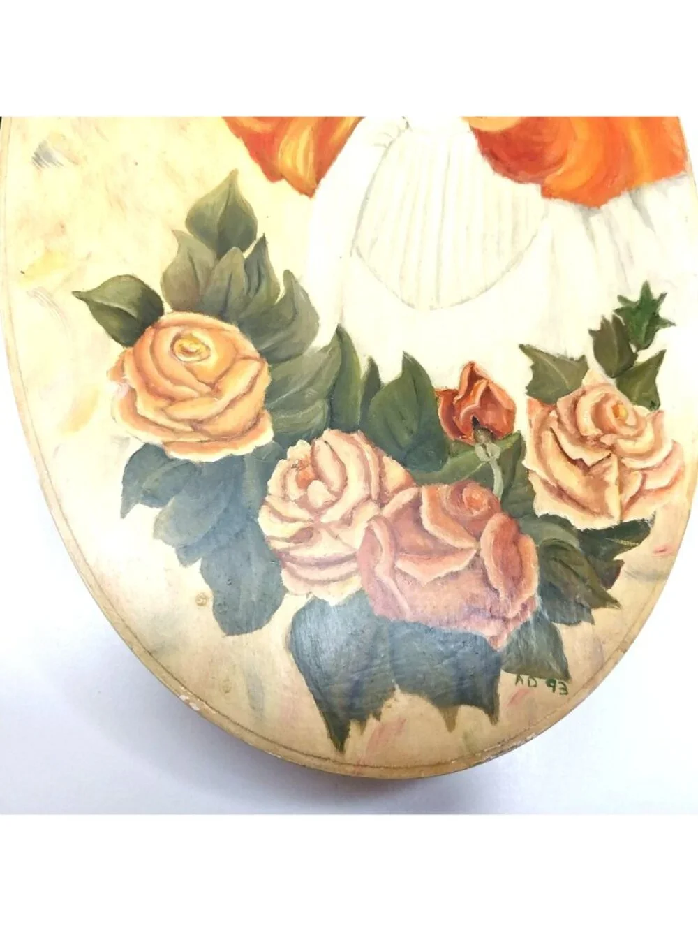 Hand-Painted Wooden Oval Storage Box Folk Art Victorian Lady Roses 1993